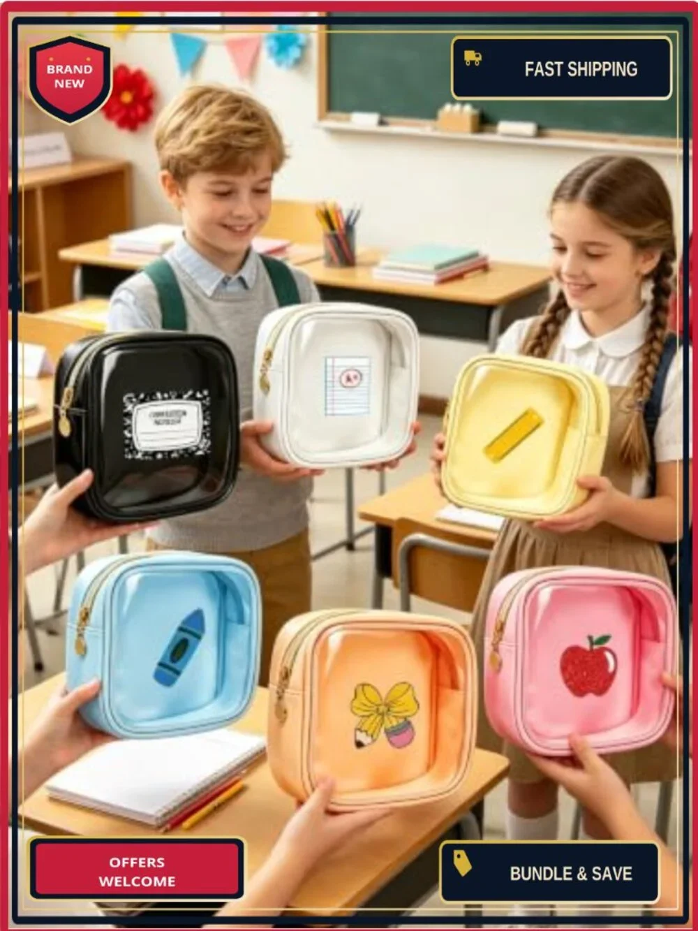 6 PC Back to School Mini Makeup Bags with Zipper Clear Cosmetic Bag Set